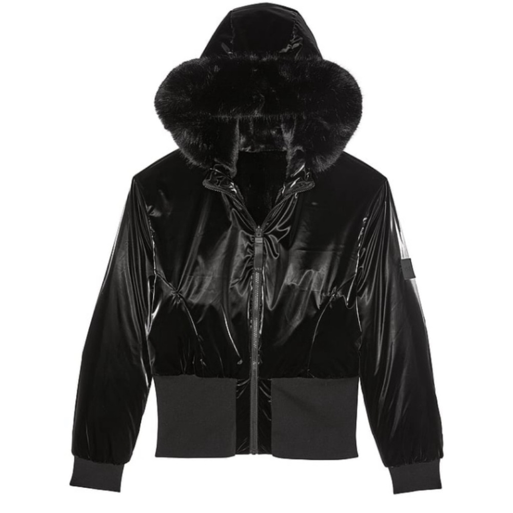 Victoria's Secret VSX Reversible Faux Fur Black Liquid Shine Hooded Jacket